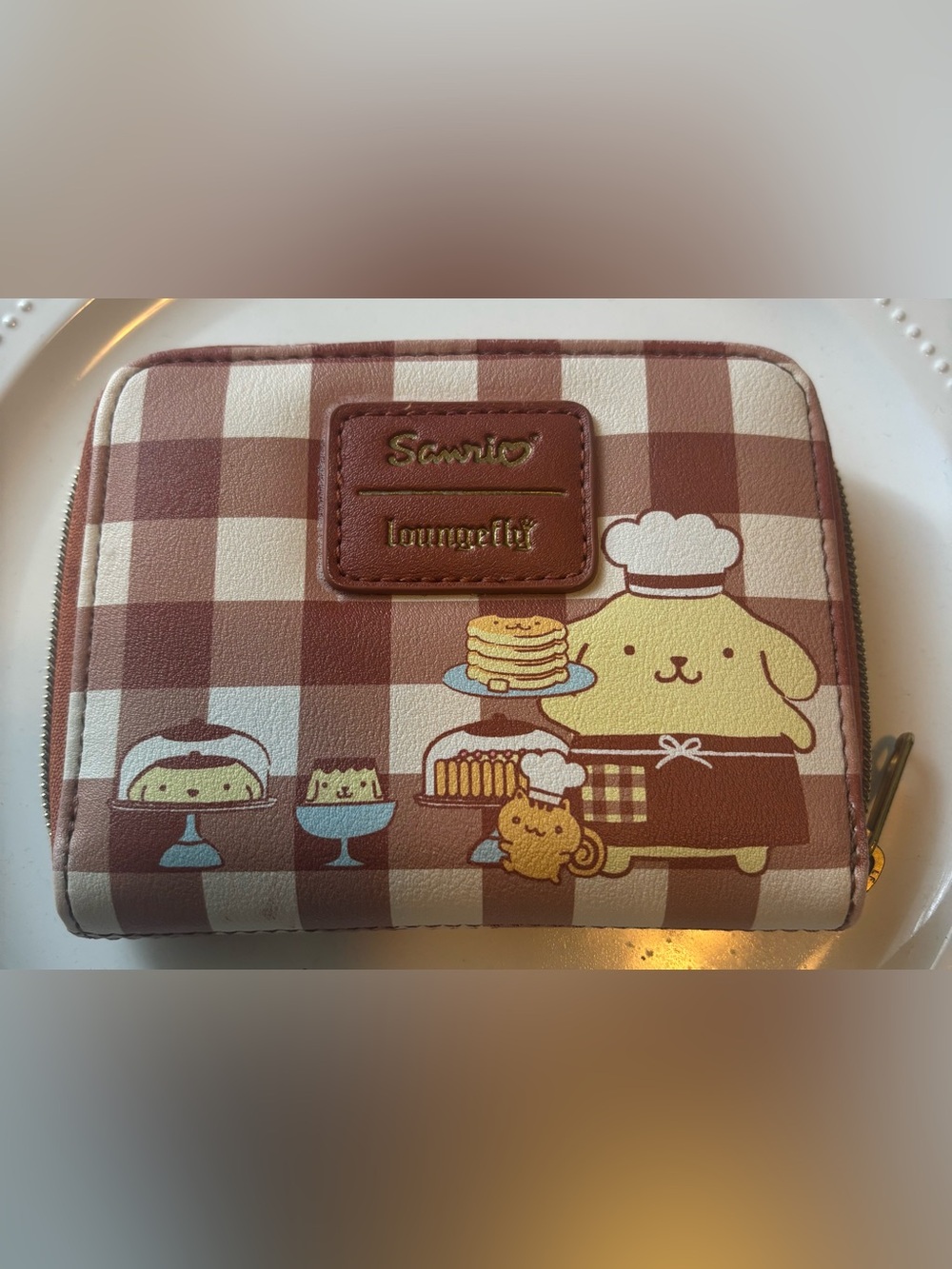 Loungefly Brown and Cream Pompompurin Checkered Zip Wallet
